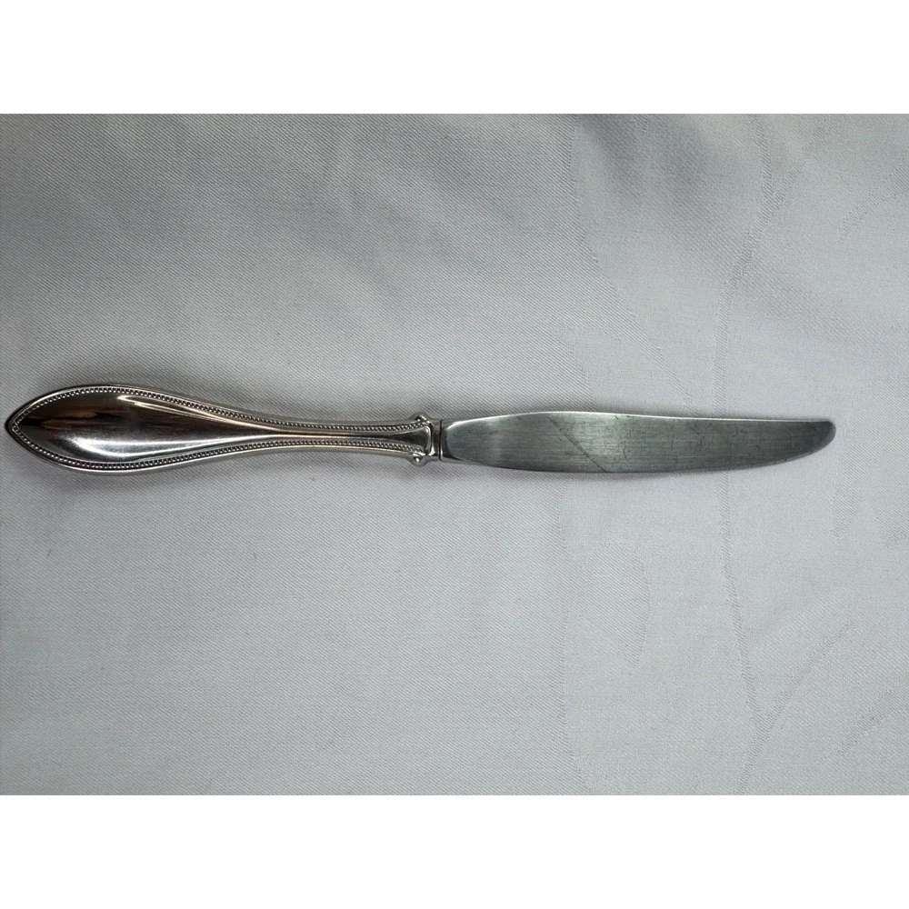 Vintage Silver Plated Beaded Handle Dinner Knife 9.25 Inch Serrated Blade